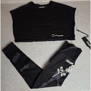 CIVIL REGIME Women’s Black Crop Top Sz S Flaming Rose Leggings Set NWT